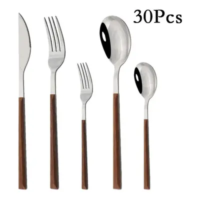 (brown,silver, 6set / 30pcs) Western Dinnerware Set Wood Handle Stainless Steel 10/20/30/40pcs S