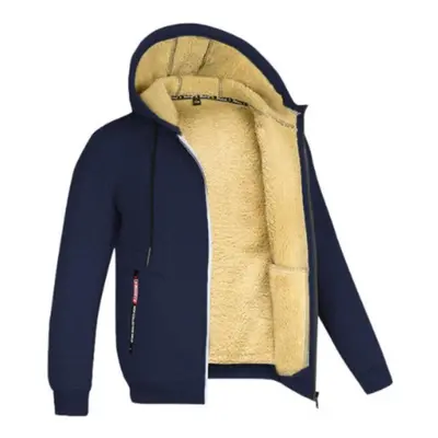 (navy blue, XL) Lamb Velvet Autumn And Winter Sweater Men&apos;s Hooded Solid Color Jacket Plus 