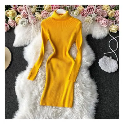 (yellow, One Size) New Autumn Winter Women&apos;s Dress Temperament Solid Color Thicken Knit Dre