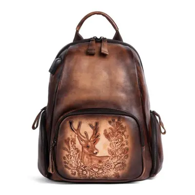 (coffee) Johnature Vintage Bag Handmde Embossing Women Cowhide Backpack Genuine Leather Large Ca