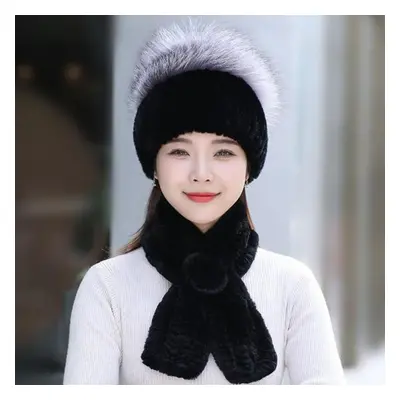 (black, Good elasticity 52cm-60cm) Rex Rabbit Fur Hat Scarf Sets Women Winter Warm Luxury 100% G