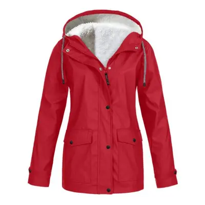 (red, L) Autumn And Winter Outdoor Hiking Jacket Plush Zipper Hooded Waterproof Warm Coat Slim-f