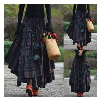 (green, XXXXXL) Fashion Retro Folk Style Women Fashion Plaid Maxi Skirt Splice Irregular Swing P