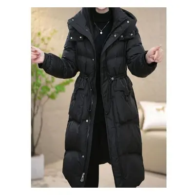 (black, XL) Chic And Warm Winter Coat: Mid-length Down Cotton Jacket With Fashionable Design And