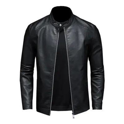 (black, M) Spring Autumn Leather Jacket Men Stand Collar Slim Pu Leather Jacket Fashion Motorcyc