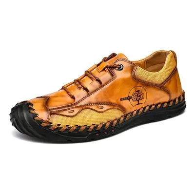 (yellow,brown, 40) Plus Size Hand-stitching Casual Leather Shoes Men Loafers Comfortable Moccasi