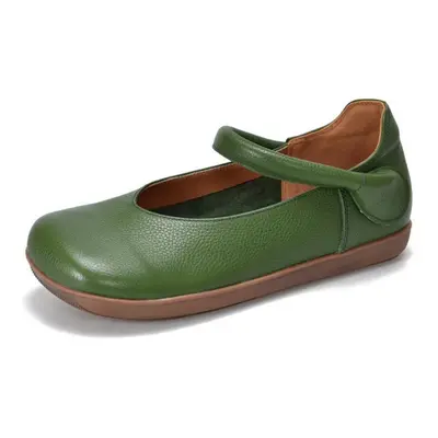 (green, 38) Johnature Retro Genuine Leather Square Toe Shallow Flat Shoes Solid Color Versatile 