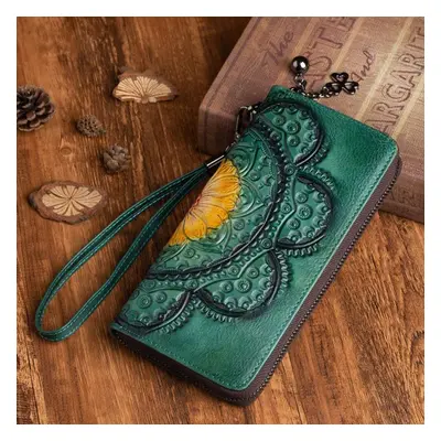 (green) Vintage Genuie Leather Women Wallet Handmade Embossing Wallets Card Holder Natural Cowhi