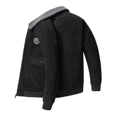 (black, 3XL) Winter New Fleece Warm Thick Jackets Men Fashion Fur Collar Corduroy Coat Men Autum