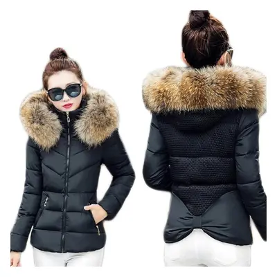 (black, XS) Women Winter Warm Coat Fake Fur Collar Parka Down Solid Color Full Sleeve Long Thick