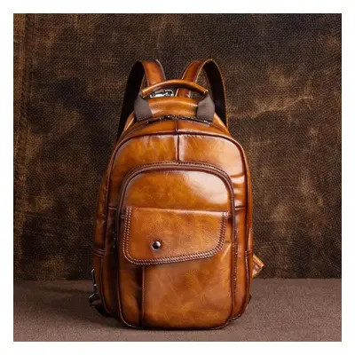 (coffee) Johnature Retro Men Mini Backpack Genuine Leather Multifunctional Bag First Layer Cowhi