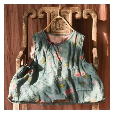 (green, One Size) Johnature Women Vintage Print Floral Pullover Vests Coats O-neck Patchwork Poc