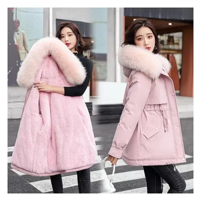 (pink, XXL) Women&apos;s Winter Plus Velvet Large Fur Collar Slim Slimming Mid-length Cotton Jac