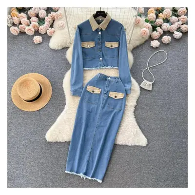 (blue, S) New Women Lapel Denim Jacket Full-length Skirt Two Pieces Sets Fashion Women&apos;s Su