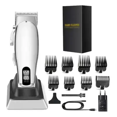 (as the picture, silver With box) Full Metal Professional Hair Clipper Electric Beard Hair Trimm