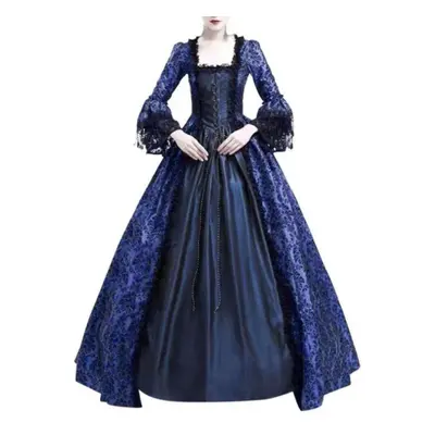 (navy, 3XL) S-5xl Plus Size Court Dress Lace Stitching Large Dress Retro Medieval Renaissance Dr