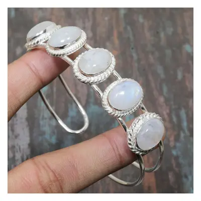 (white, Adjustable) Rainbow Moonstone Gemstone Handmade Sterling Silver Cuff Jewelry Bangle Adju