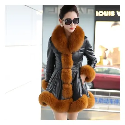 (brown, 2XL) Ladies Winter Faux Fox Fur Leather Coat Warm Fluffy Hoodie Thick Overcoat Plus Size