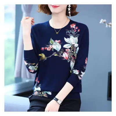 (navy blue, XXXL) Women&apos;s Autumn And Winter Fashion Sweater Casual Knitted Sweater Printing