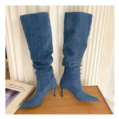 (39, Blue) Pleated High Heels Denim Boots for Women Autumn Jeans Knee High Cowboy Boots Woman Bl