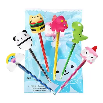 6PCS Squishy Pen Cap Panda Dinosaur Unicorn Cake Animal Slow Rising Jumbo With Pen Stress Relief