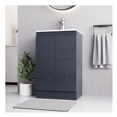 (Grey, Denvor) BELOFAY Floor Standing Bathroom Vanity Unit With Basin - Laquered Cloakroom Vanit