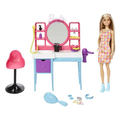 Doll and Hair Salon Playset, Long Color-Change Hair, Houndstooth-Print Dress, Styling Accessorie