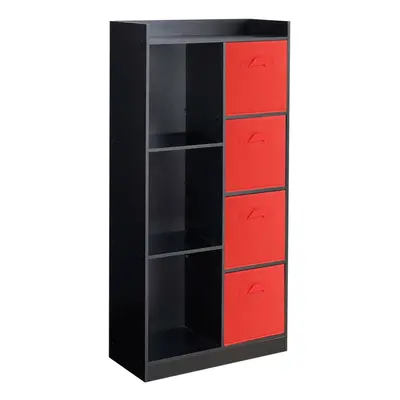 (Black, Red) Bookcase with Fabric Drawers | Cube Wooden Unit