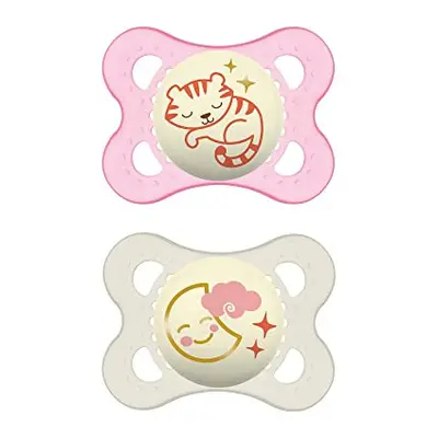 MAM Night Glow in the Dark Silicone Pacifier, Pink,0-6 Months, 2-Count