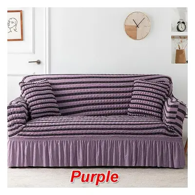 (purple, Three people 190-230cm) Ruffled Seersucker Sofa Cover For Living Room Thick Elastic Sol