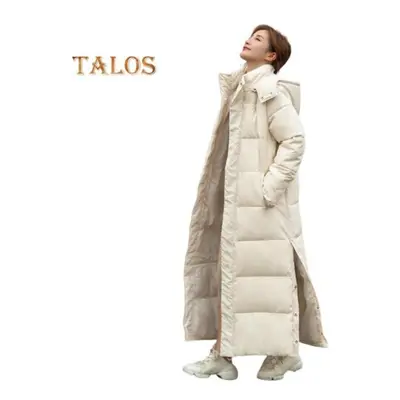 (beige, XL) Women Cotton Coat Hooded Long Sleeve Pockets Side Slit Hem Down Jacket Solid Color P