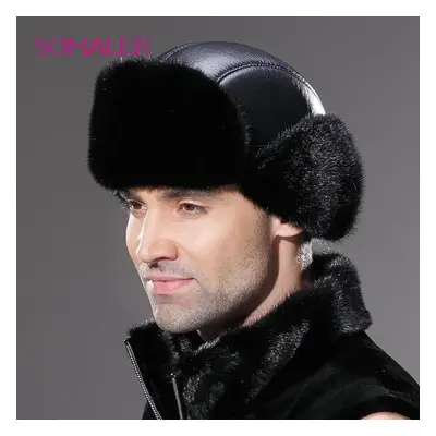 (black, S) Somaler Winter Men Genuine Leather Fur Hat Real Mink Fur Earflap Ushanka Hat