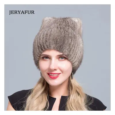 (grey) Jeryafur Mink Fur Hat Forwomen Cute Cat Ear Thickwinter Hat Female Fashion Fur Knitted Be