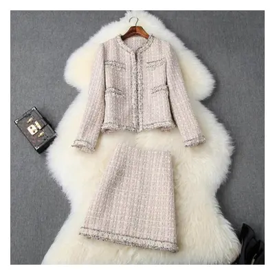 (pink, S) Top Brand Fashion Runway Piece Set Women Autumn Winter Luxury Pearls Beading Tweed Woo