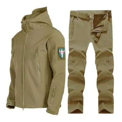 (khaki, XXL) Winter Fleece Windproof Warm Men&apos;s Suit Shark Skin Soft Shell Jackets+ Pants S