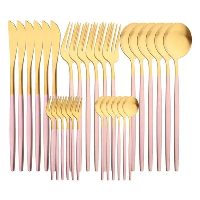 (pink,gold) 30pcs White Gold Cutlery Set Matte Dinnerware Knife Fork Spoons Stainless Steel Silv