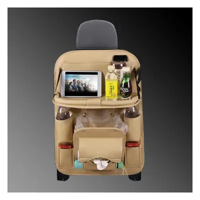 (beige) Pu Leather Car Storage Bag Multifunction Seat Back Tray Hanging Bag Waterproof Car Organ