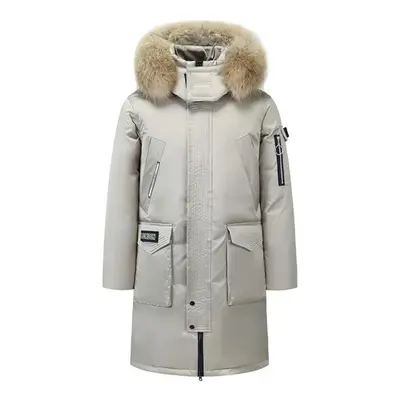 (white, L) New Winter Thick Men&apos;s Down Jacket Pure Color Detachable Fur Collar Casual White