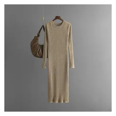 (khaki, One Size) Fall Winter Lazy Wind Loose O-neck Sweater Dress Women&apos;s Long Sleeve Knit