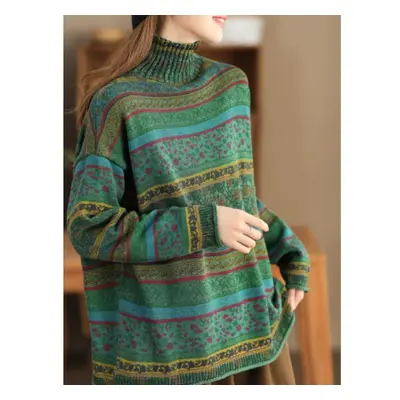 (One Size, green) Johnature Women Pullover Vintage Sweaters Mock Neck Long Sleeve Spring Knitted