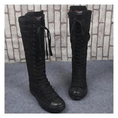 (black, 43) Women Motorcycle Flat Tall Punk Shoes Womens Knee High Boots Ladies Canvas Lace Up Z