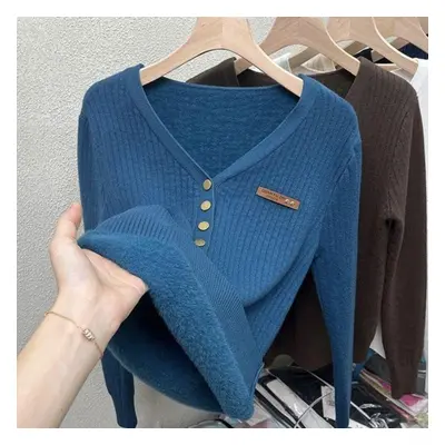 (blue, 2XL) Plush Thickened Sweater Knit Bottom Blouse For Women With A Slim V-neck Top In Autum