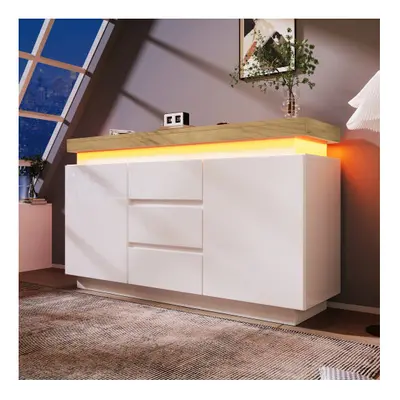 (81x140x39 cm, Storage with RGB LED(App-controlled) Sideboard Cabinet with Doors and Drawers,Whi