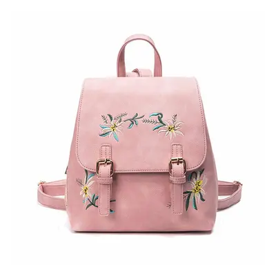 (Pink) Floral Women Leather Backpack Embroidery School Vintage Bag