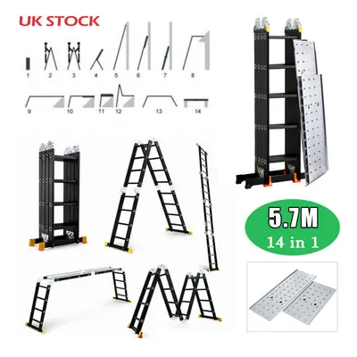 Folding Ladder Aluminium 5.7M Ladder Extendable Multi-Purpose Platform