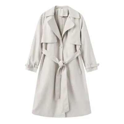 (off-white, M) Women's Coats Faux Leather Lapel Windbreaker Pu Loose Three Row Button Trench Coa