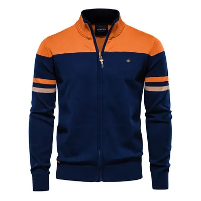 (orange, 85-95 kg) New Autumn And Winter 100% Cotton Mens Zipper Cardigan Casual Patchwork Fashi