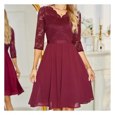 (burgundy, L) Women's Evening Dress V-neck 3/4 Sleeve Lace Chiffon Midi Dress Party Bridesmaid W