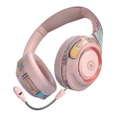 (Pink) Wireless Bluetooth 5.1 Headphone Noise Cancel Game Headset with HD Microphone Glowing Hea