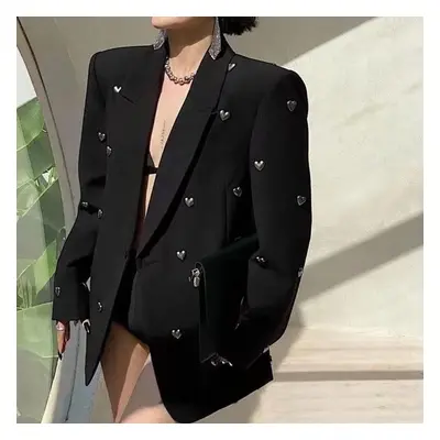 (black, M) Autumn Blazer Women Fashion Loose Temperament Pure Colour Black Coat One Button Suit 